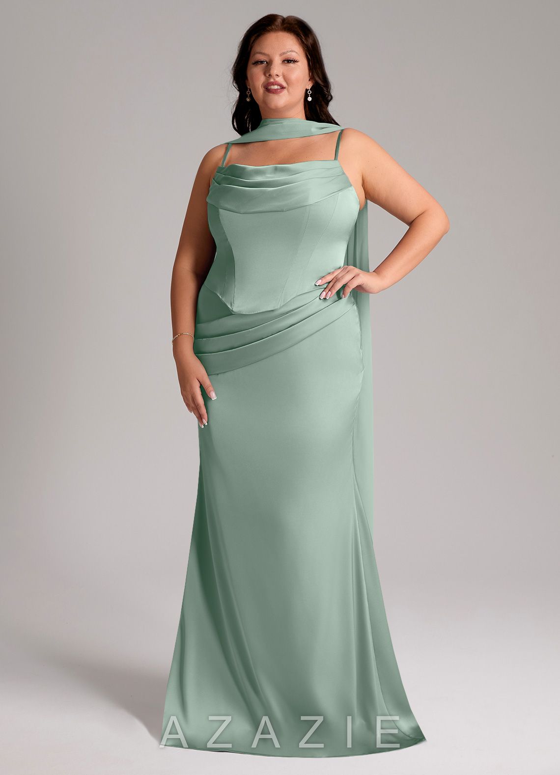 Azazie Sorrel Agave Mermaid Strapless Stretch Satin Convertible Dress agave