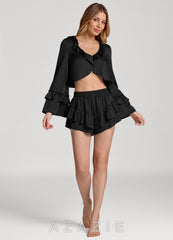 Ruffled Flared Sleeve Satin Pajama Set  black