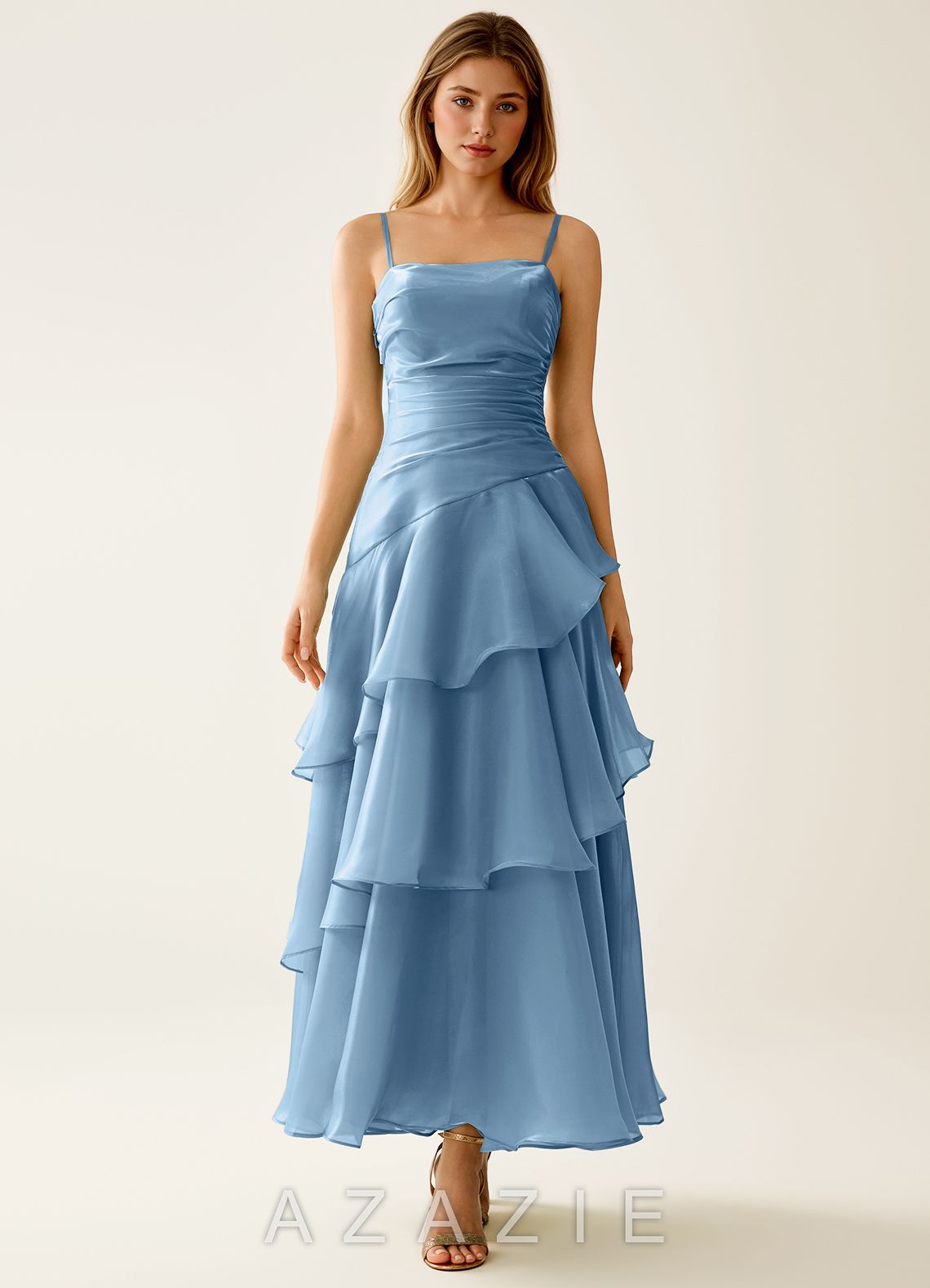 Nicola Mint Blue Satin Ruffled A-line Vacation Midi Dress