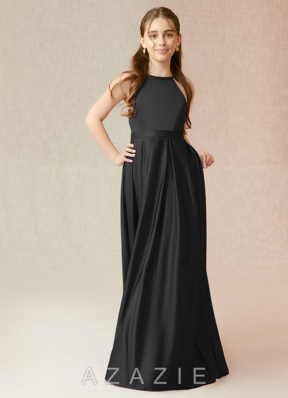 Azazie Arianthe Junior Black A-Line with Pockets Stretch Satin Dress black