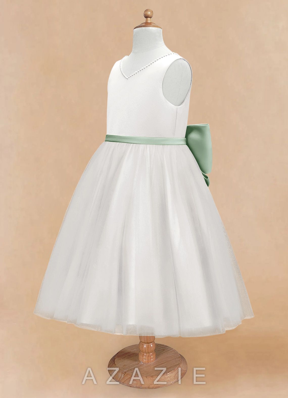 Azazie Seline Ivory Agave A-Line Bow Tulle Dress ivory/agave