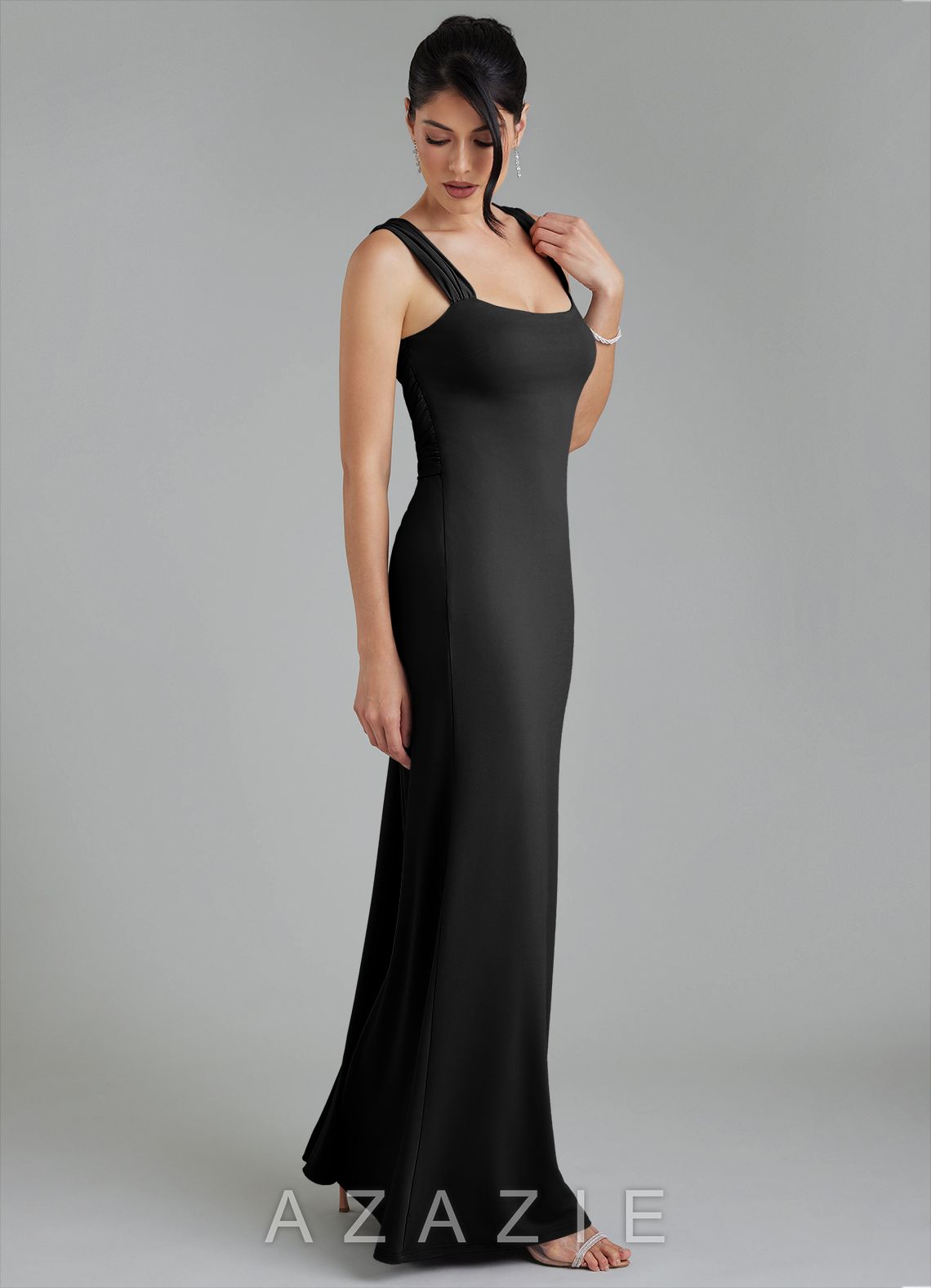 Azazie Ariel Black Mermaid Square Neckline Premium Stretch Jersey Dress black
