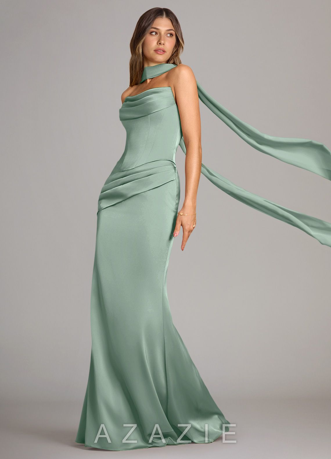 Azazie Sorrel Agave Mermaid Strapless Stretch Satin Convertible Dress agave