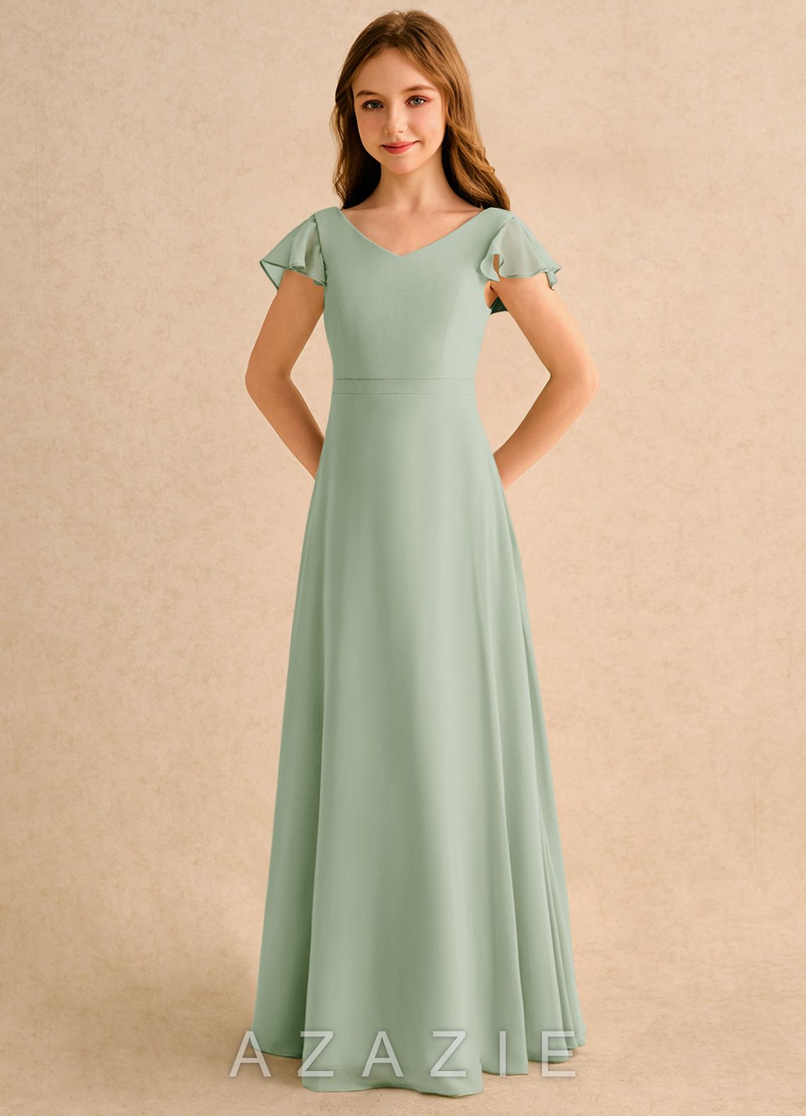 Azazie Nari Girls Formal Dusty Sage A-Line with Sleeves Chiffon Dress dusty_sage