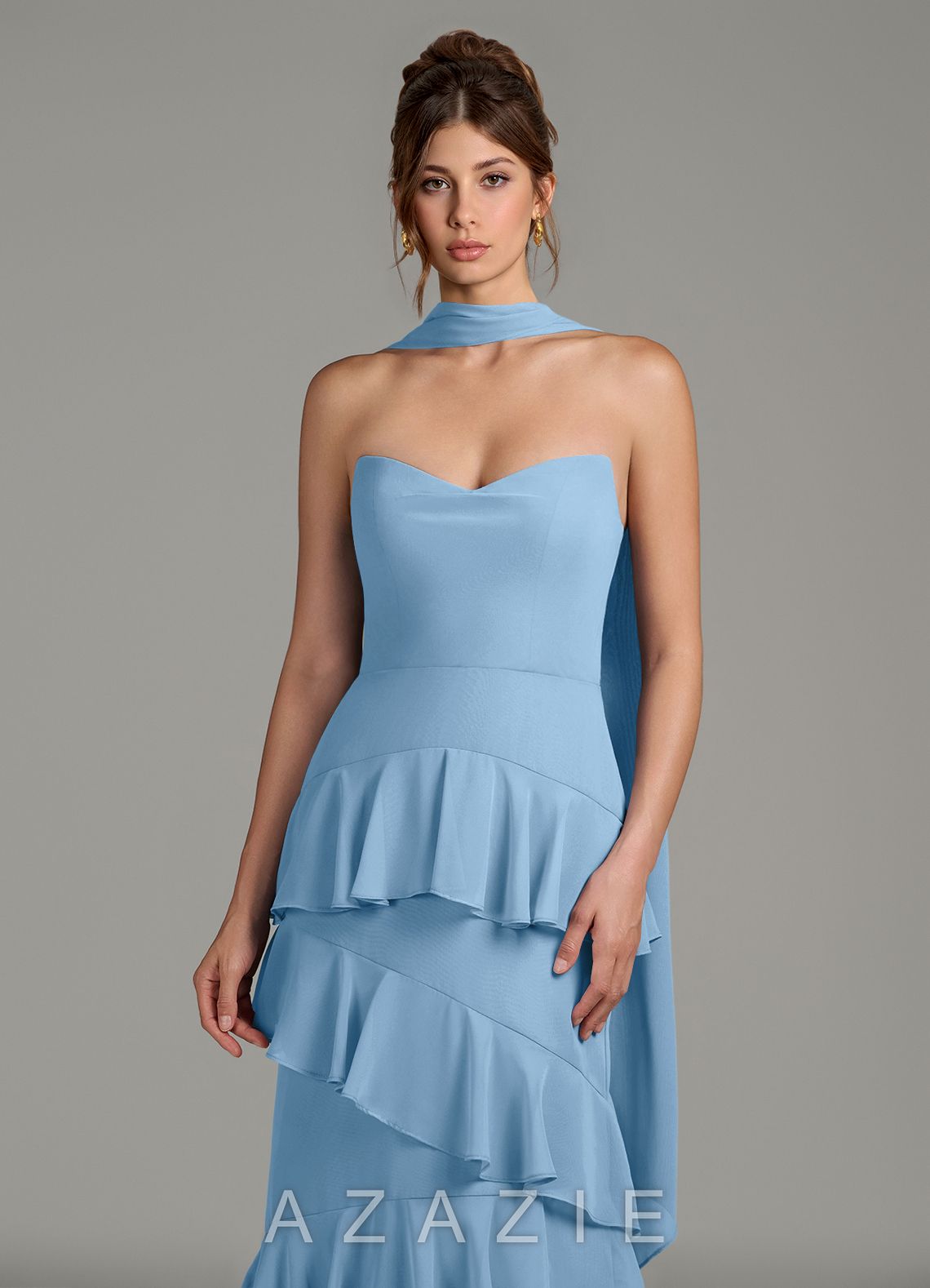 Azazie Imani Steel Blue A-Line Ruched Chiffon Dress steel_blue