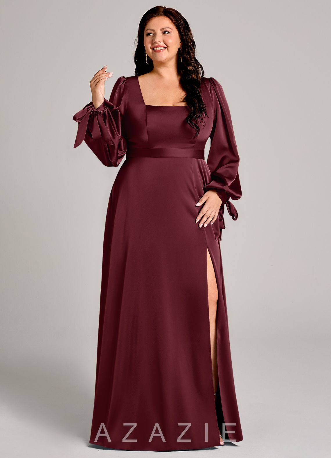 Azazie Leonia Cabernet A-Line Long Sleeve Stretch Satin Dress cabernet