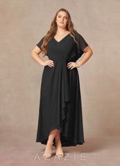Azazie Eliza Black A-Line V-Neck Pleated Chiffon Dress black