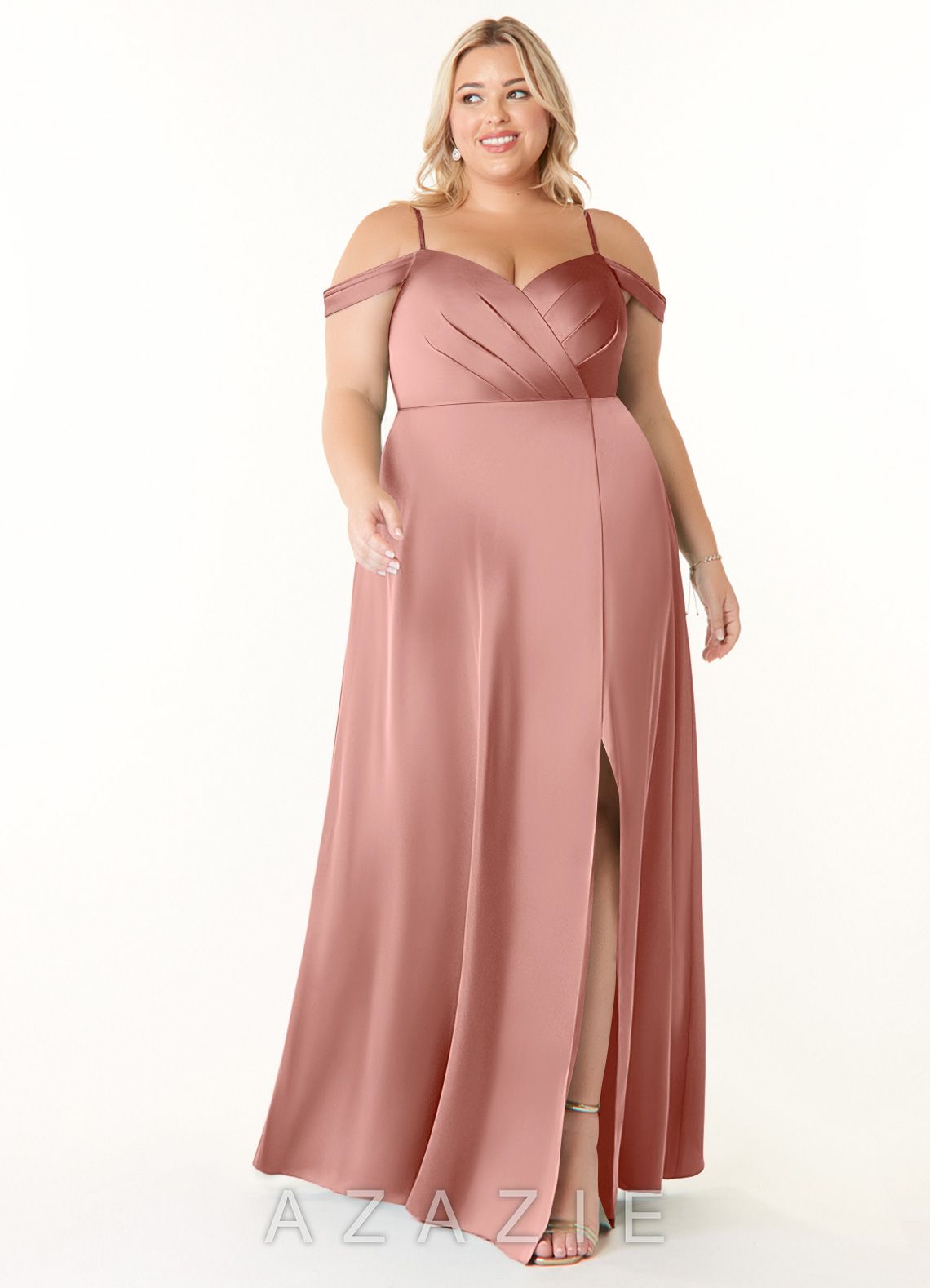 Azazie Ocean Rosette A-Line V-Neck Pleated Stretch Satin Dress rosette