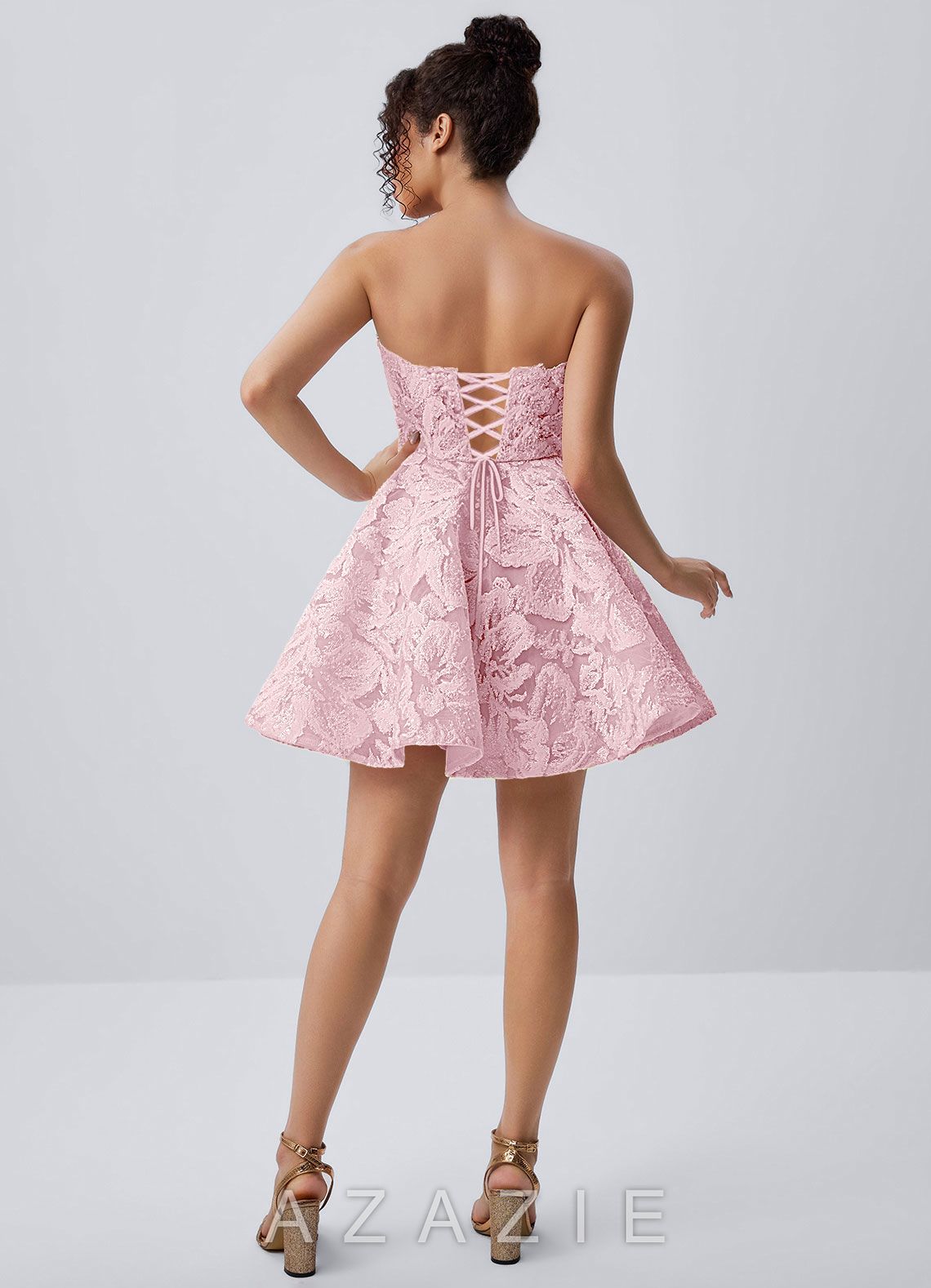 Mireille Pink Strapless Floral Lace Corset Skater Mini Dress