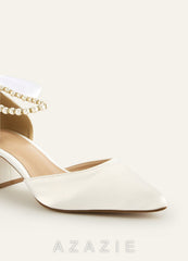 Satin Pearl and Bow Pointed Toe Block Heels