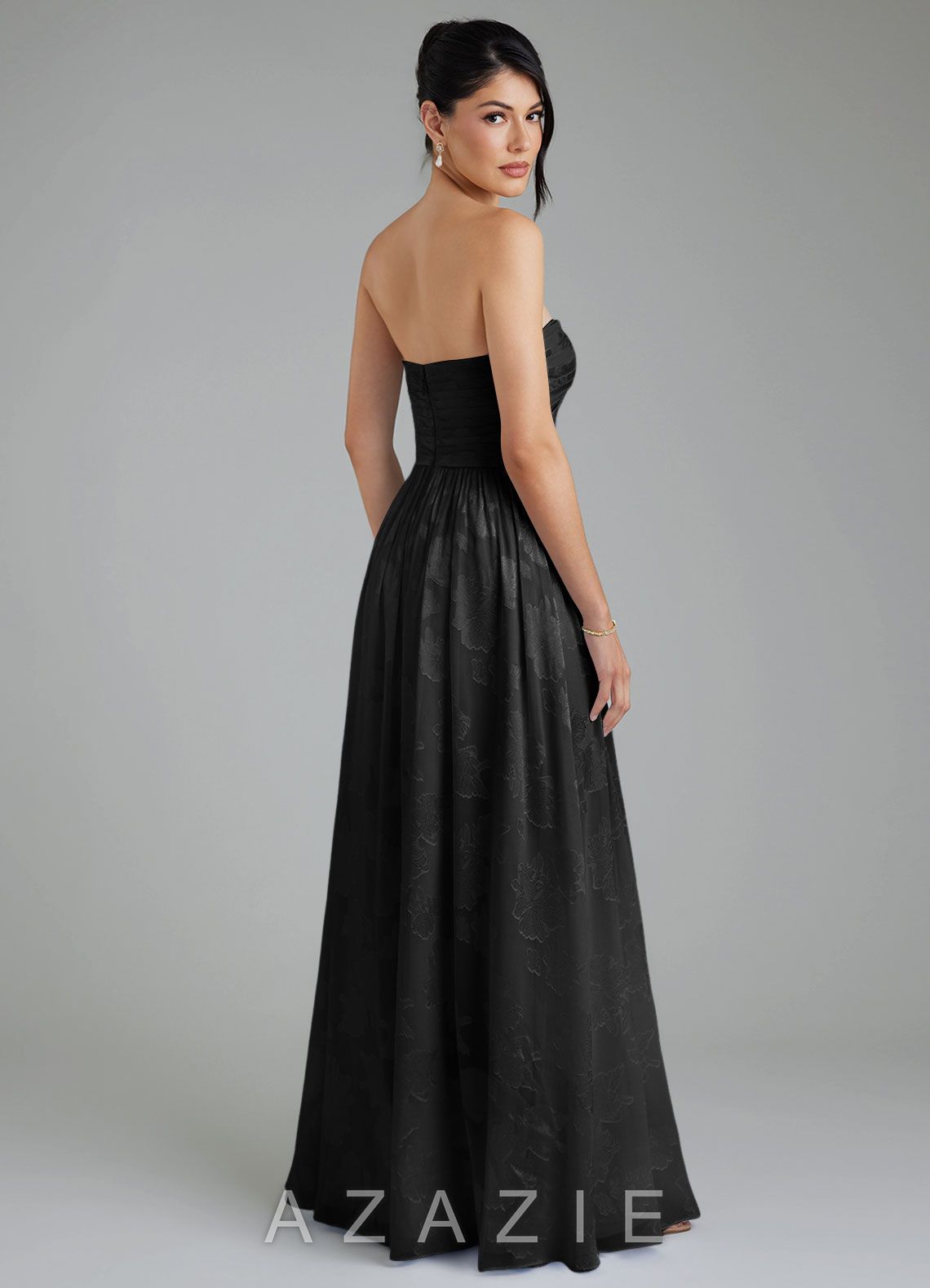 Azazie Helena Black A-Line Strapless Floral Jacquard Burnout Convertible Dress black