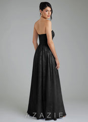 Azazie Helena Black A-Line Strapless Floral Jacquard Burnout Convertible Dress black