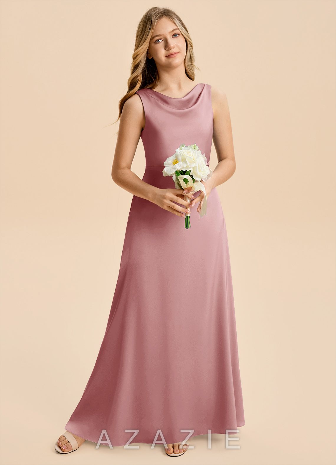 Azazie Kiki Junior Dusty Rose A-Line Bow Stretch Satin Dress