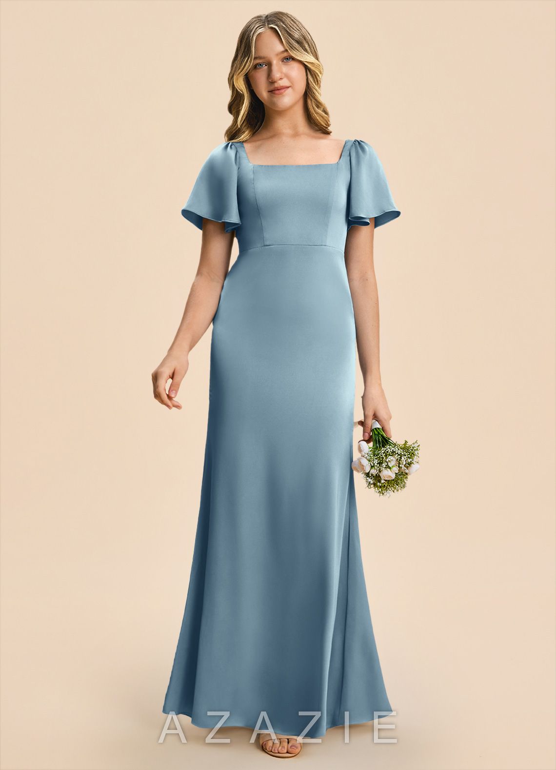 Azazie Chace Junior Dusty Blue Sheath Stretch Satin Dress