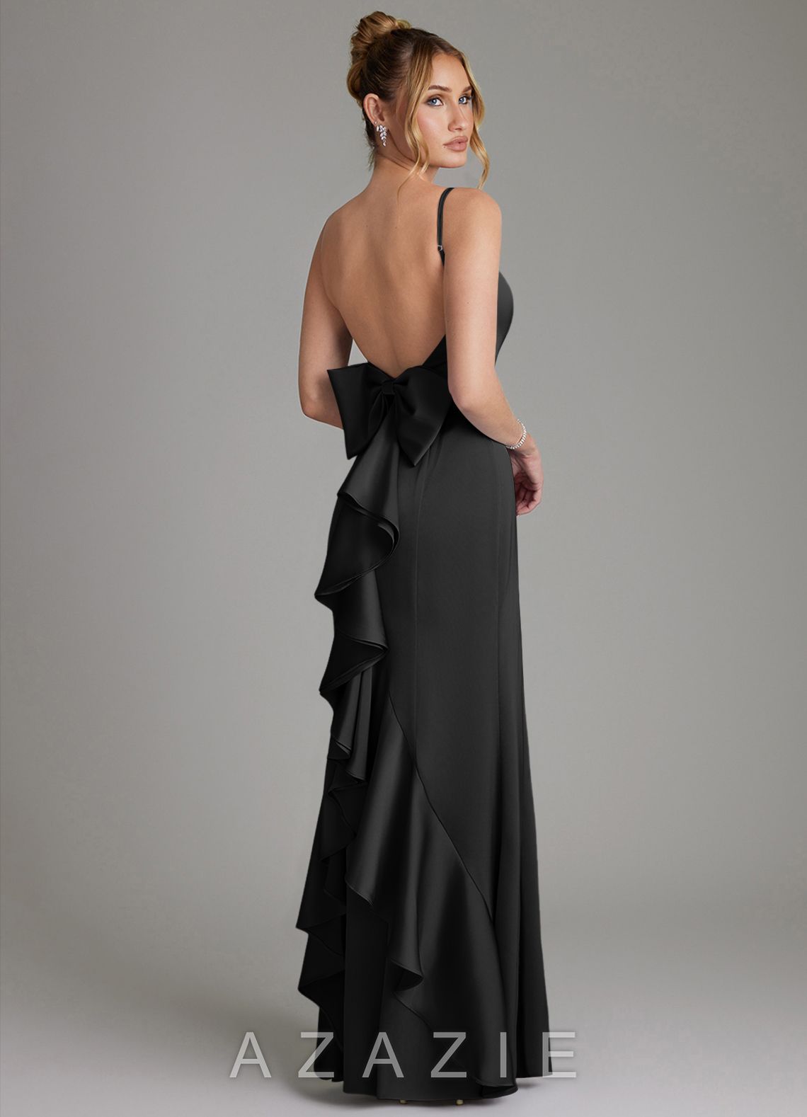 Azazie Zherra Black Mermaid Bow Stretch Satin Dress