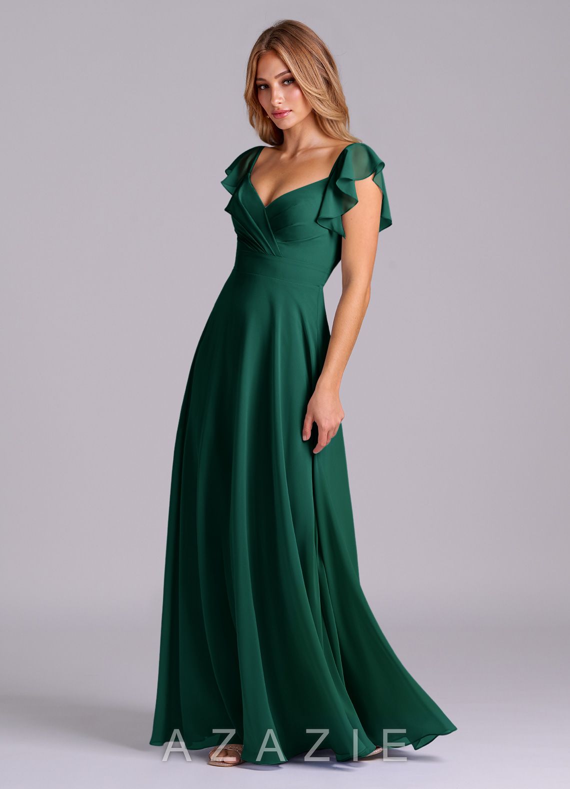 Azazie Leilani Emerald A-Line Pleated Chiffon Dress emerald