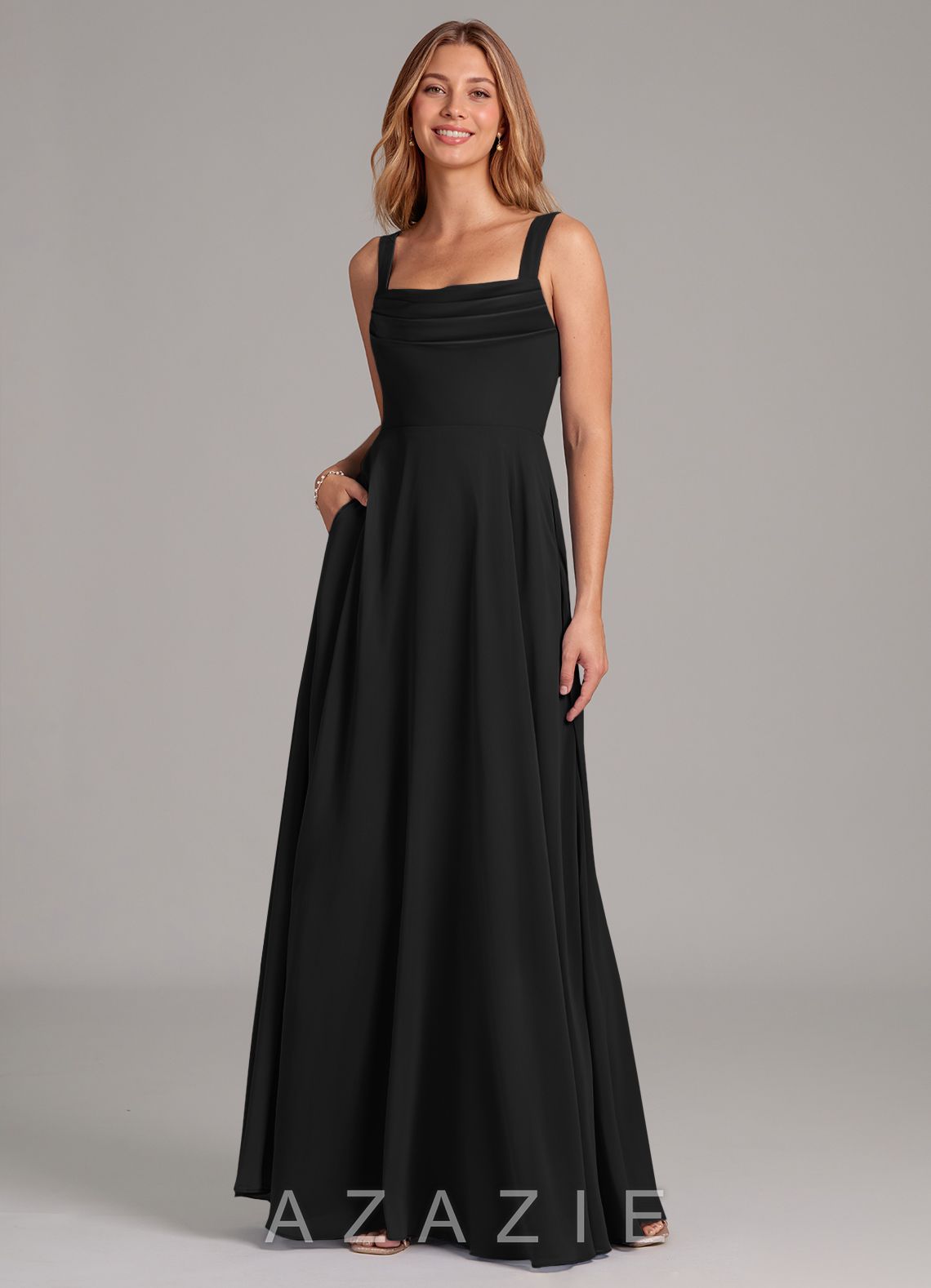 Azazie Shaude Black A-Line Pleated Chiffon Dress black