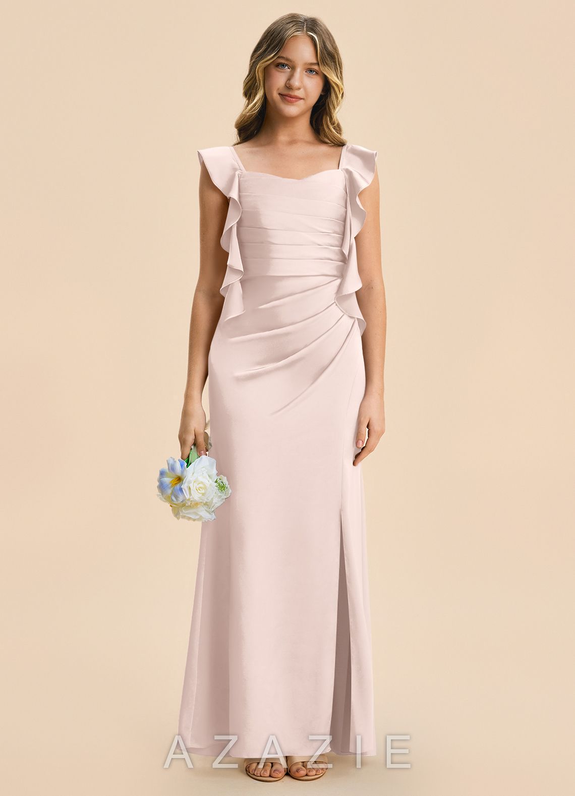 Azazie Jessamine Junior Blushing Pink Sheath Ruched Stretch Satin Dress