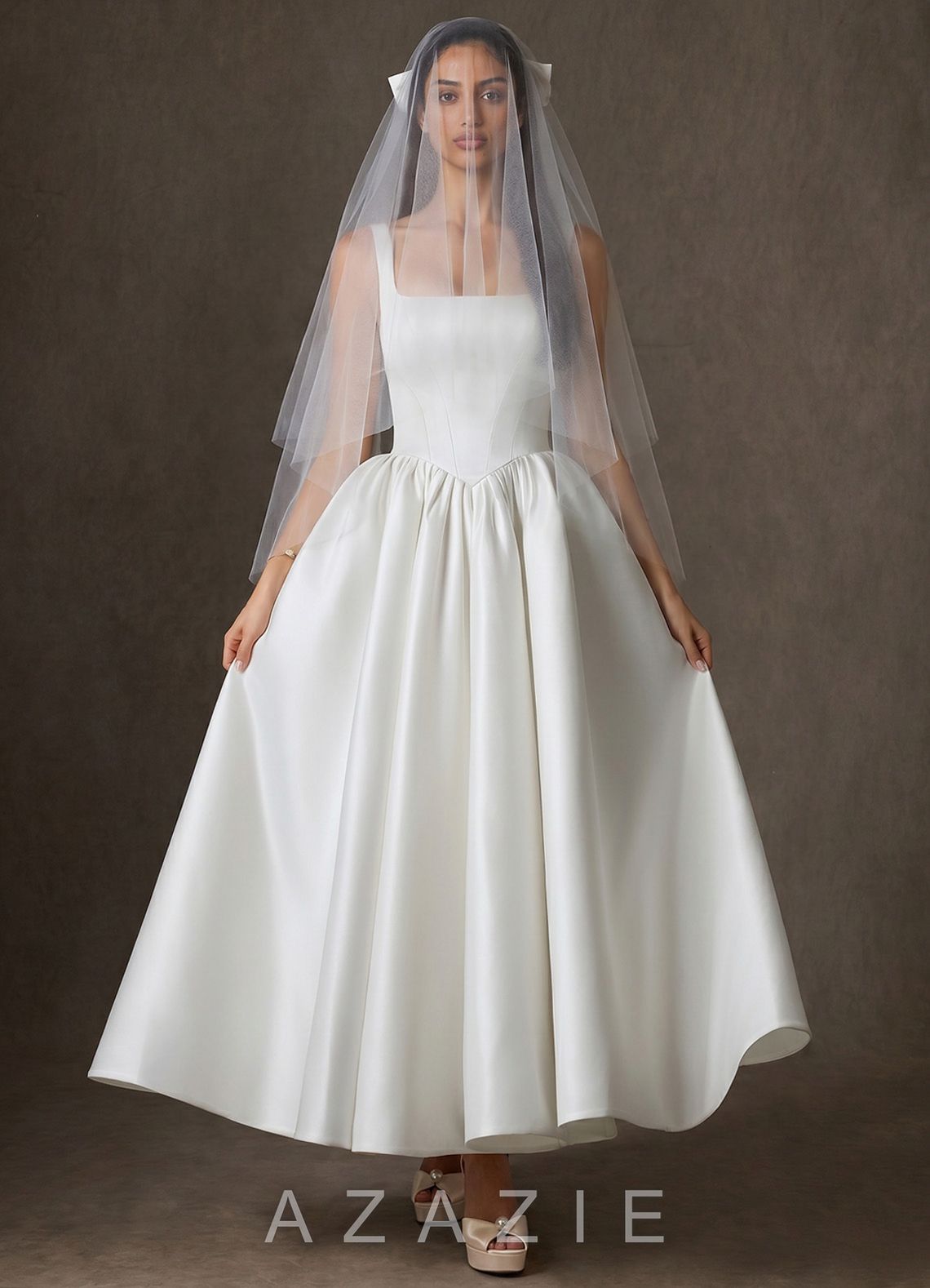 Satin Bow Hip Length Veil with Blusher  diamond_white