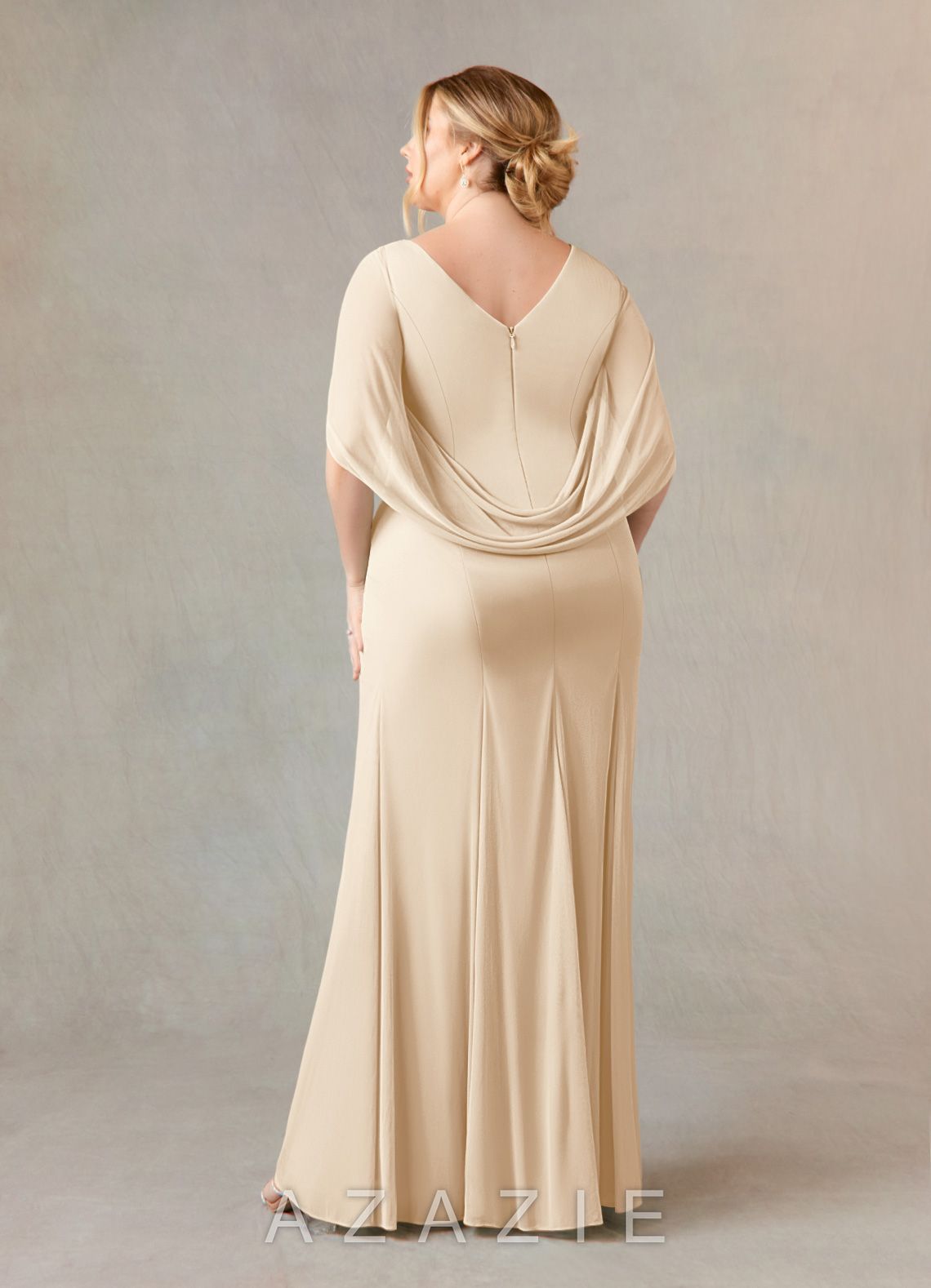 Azazie Belladonna Champagne Mermaid Scoop Pleated Mesh Dress champagne
