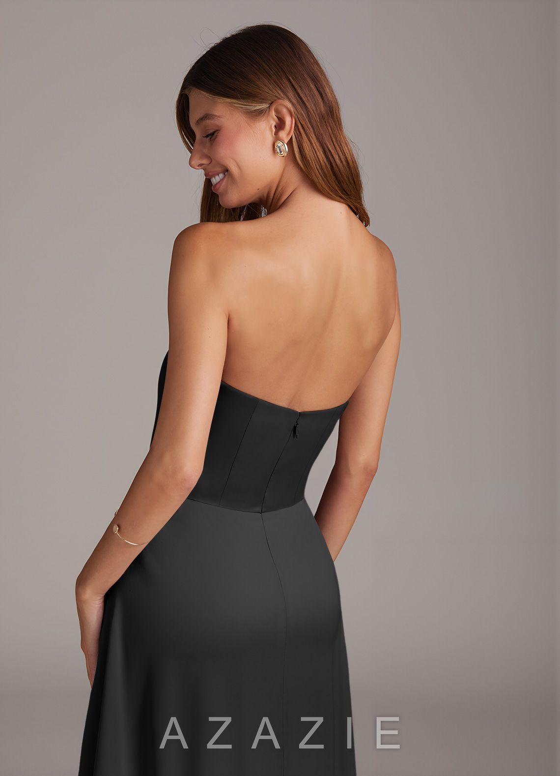 Azazie Wren Black A-Line Strapless Stretch Satin Convertible Dress black