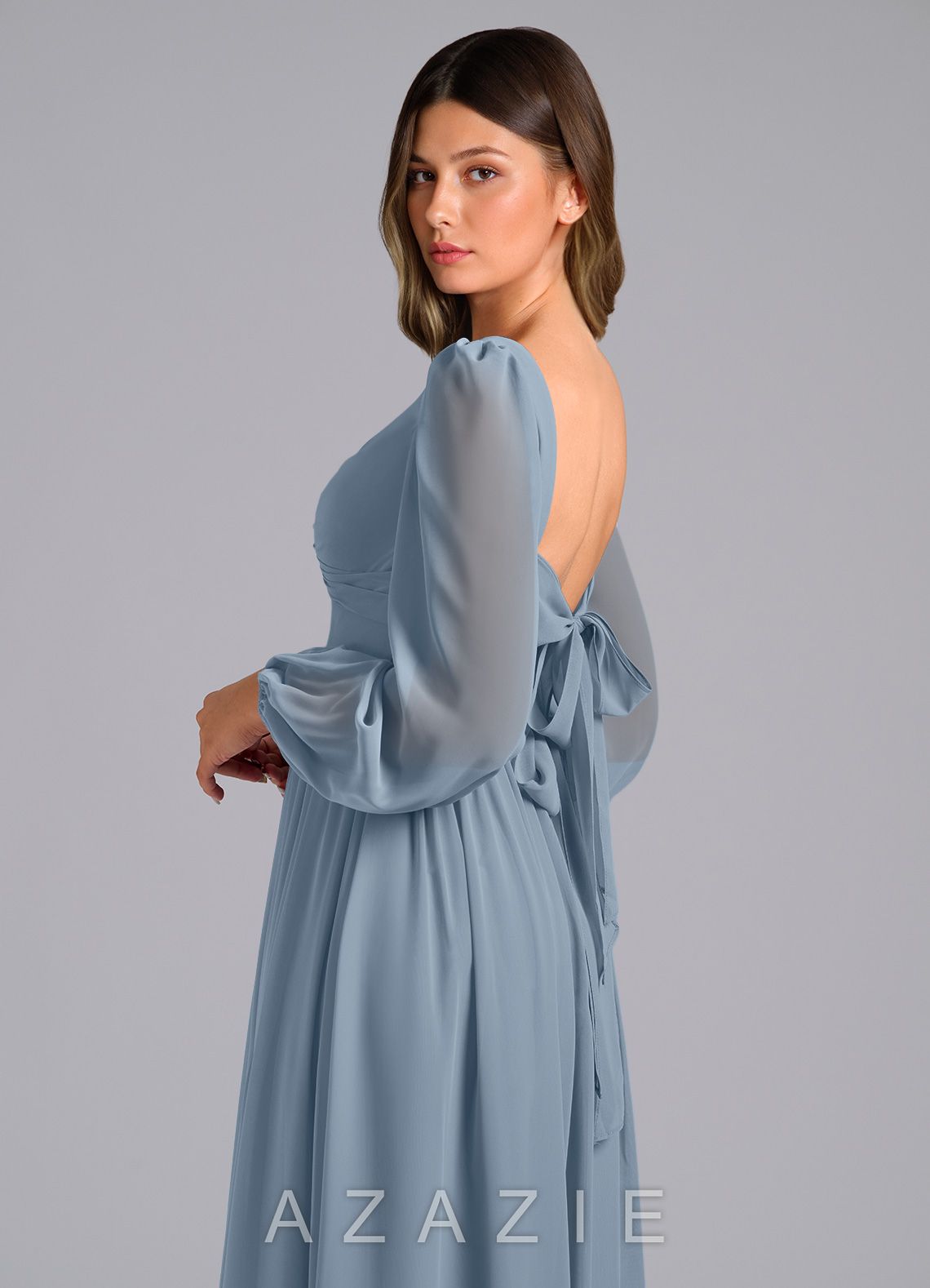 Azazie Teri Dusty Blue A-Line Long Sleeve Chiffon Dress dusty_blue