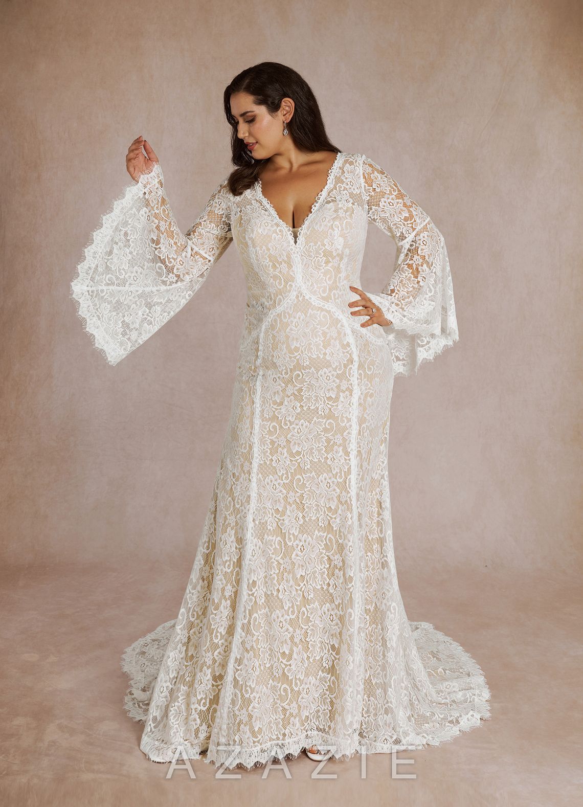 Azazie Hayes Wedding Dress Diamond White Champagne Mermaid V-Neck Lace Dress diamond_white/champagne