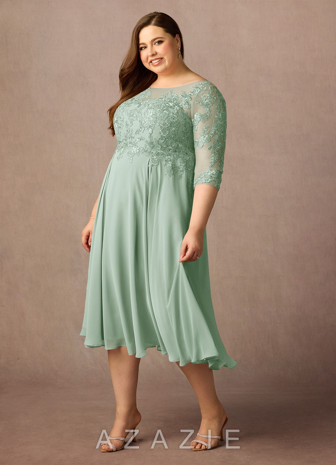 Azazie Marge Agave A-Line Scoop Lace Chiffon Dress agave