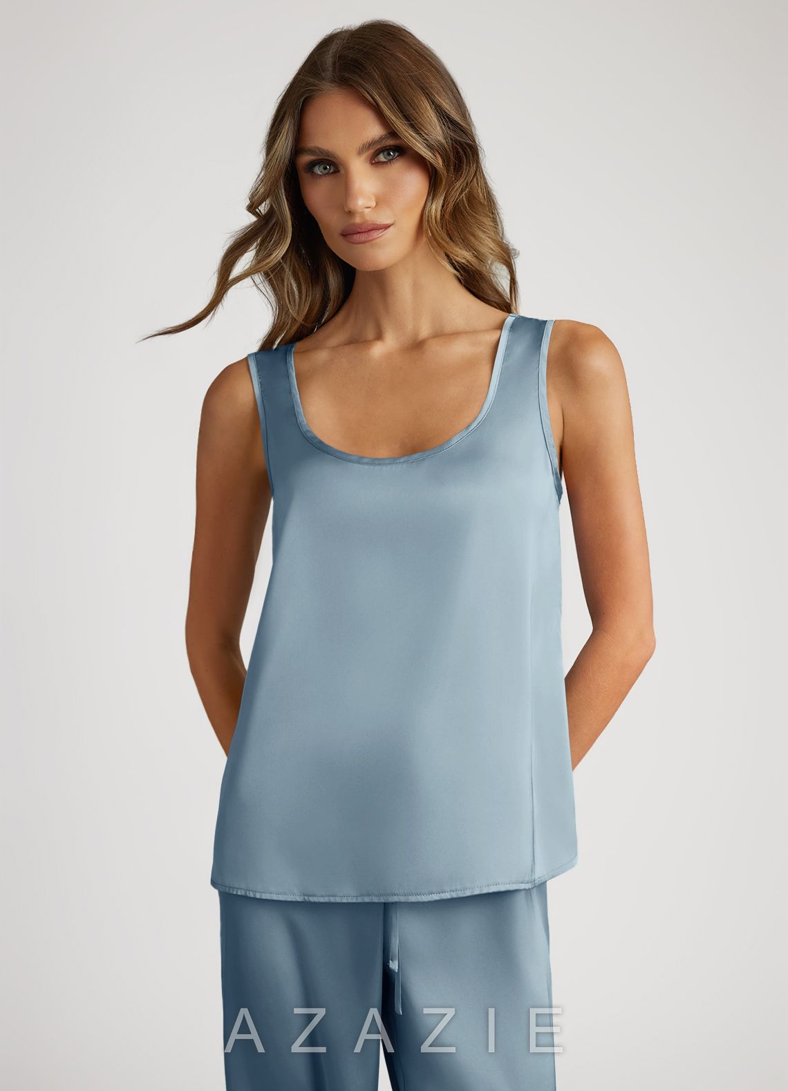 Satin Tank Top and Pants Pajama Set  dusty_blue