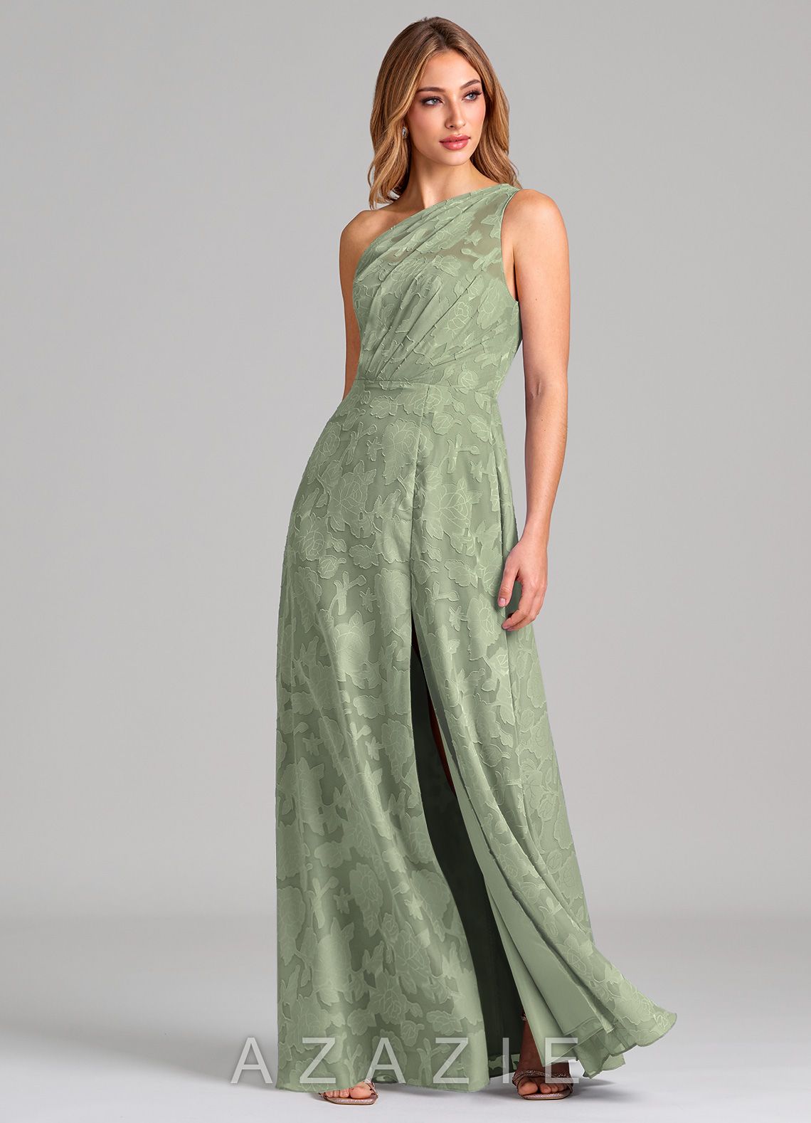 Azazie Phaedra Agave A-Line One Shoulder Floral Burnout Dress agave