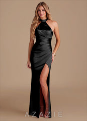 Azazie Karlotta Black Sheath Pleated Metallic Satin Dress