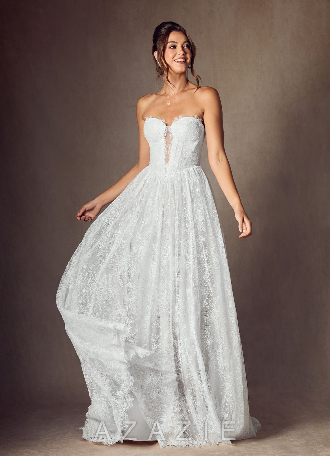 Azazie Lorena Diamond White A-Line Strapless Lace Dress