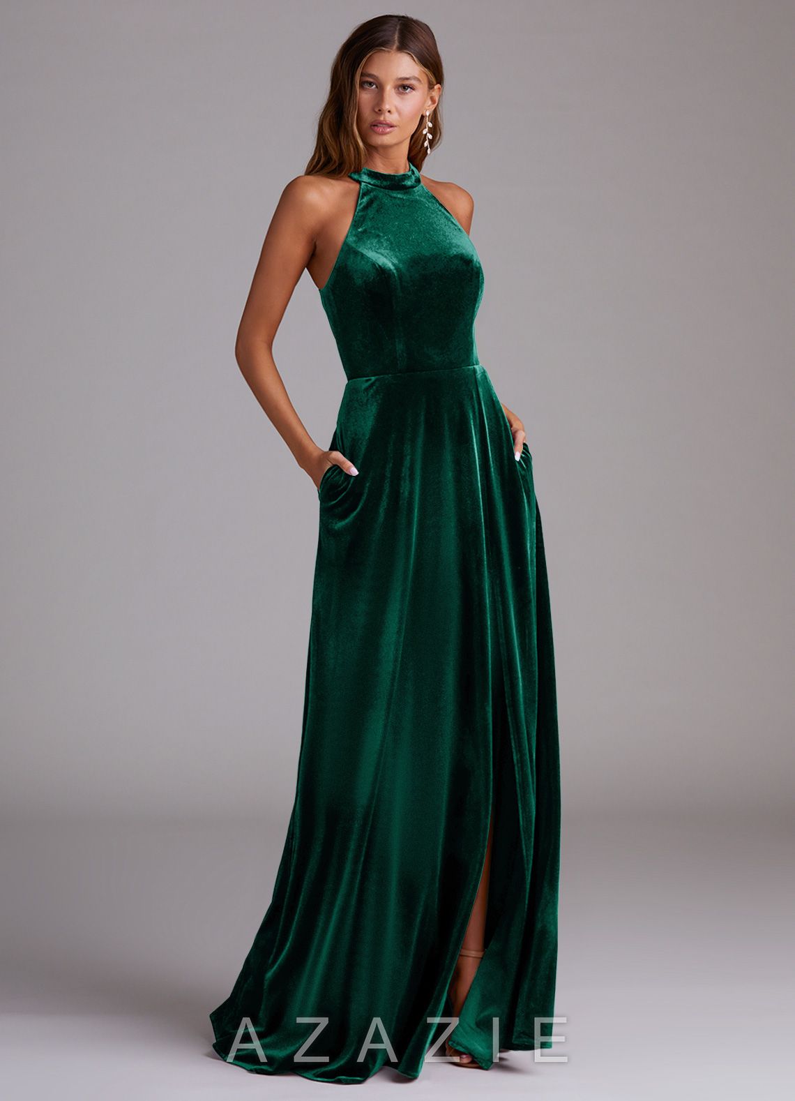 Azazie Larice Emerald A-Line High Neck Velvet Dress
