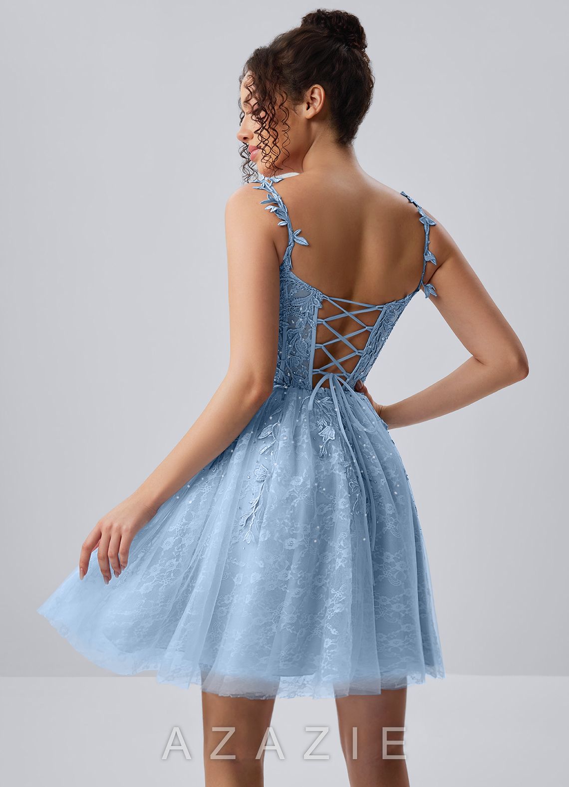 Raphinase Sky Blue Lace Tulle Beading Corset A line Lace-Up Mini Dress