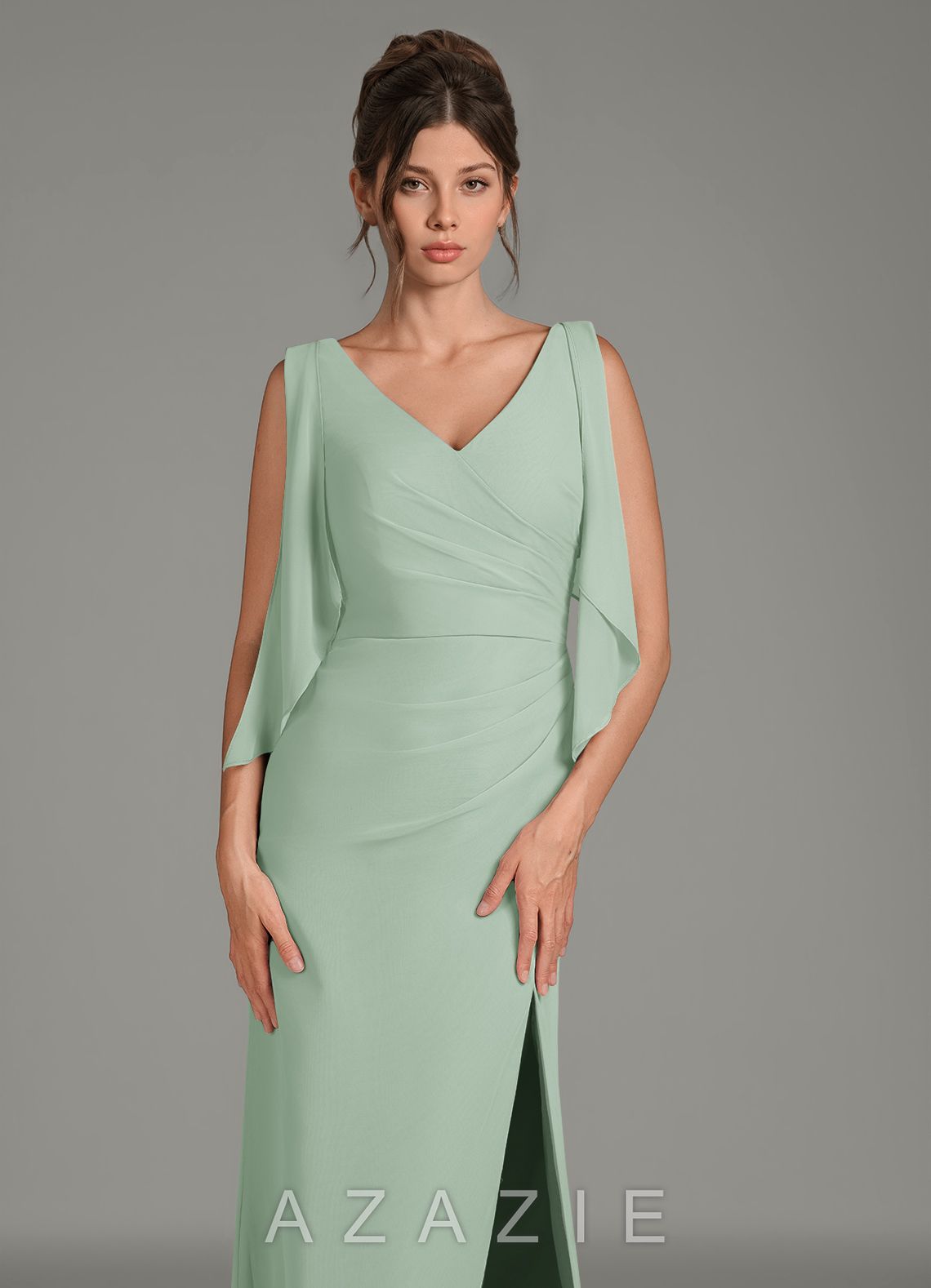 Azazie Kristen Agave Sheath Pleated Chiffon Dress agave