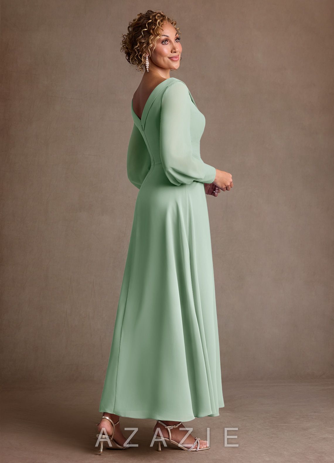Azazie Paterson Agave A-Line Pleated Chiffon Dress agave
