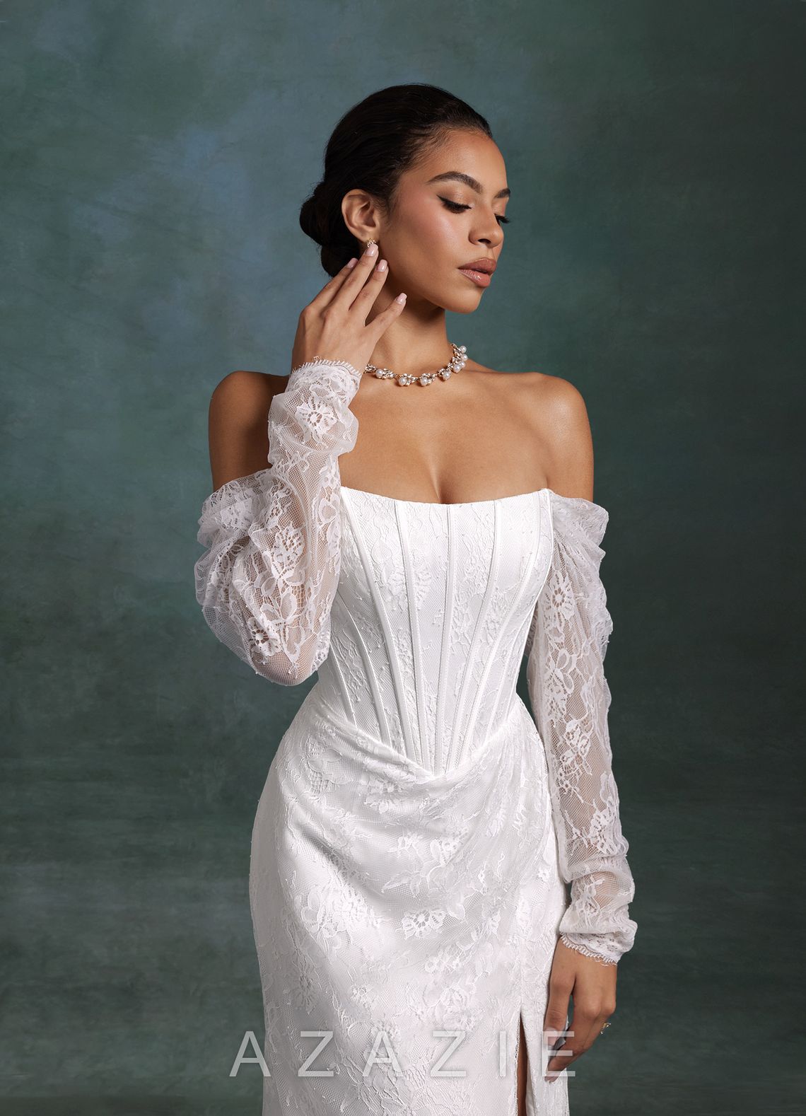 Azazie Zelda Diamond White Mermaid Side Slit Lace Dress diamond_white