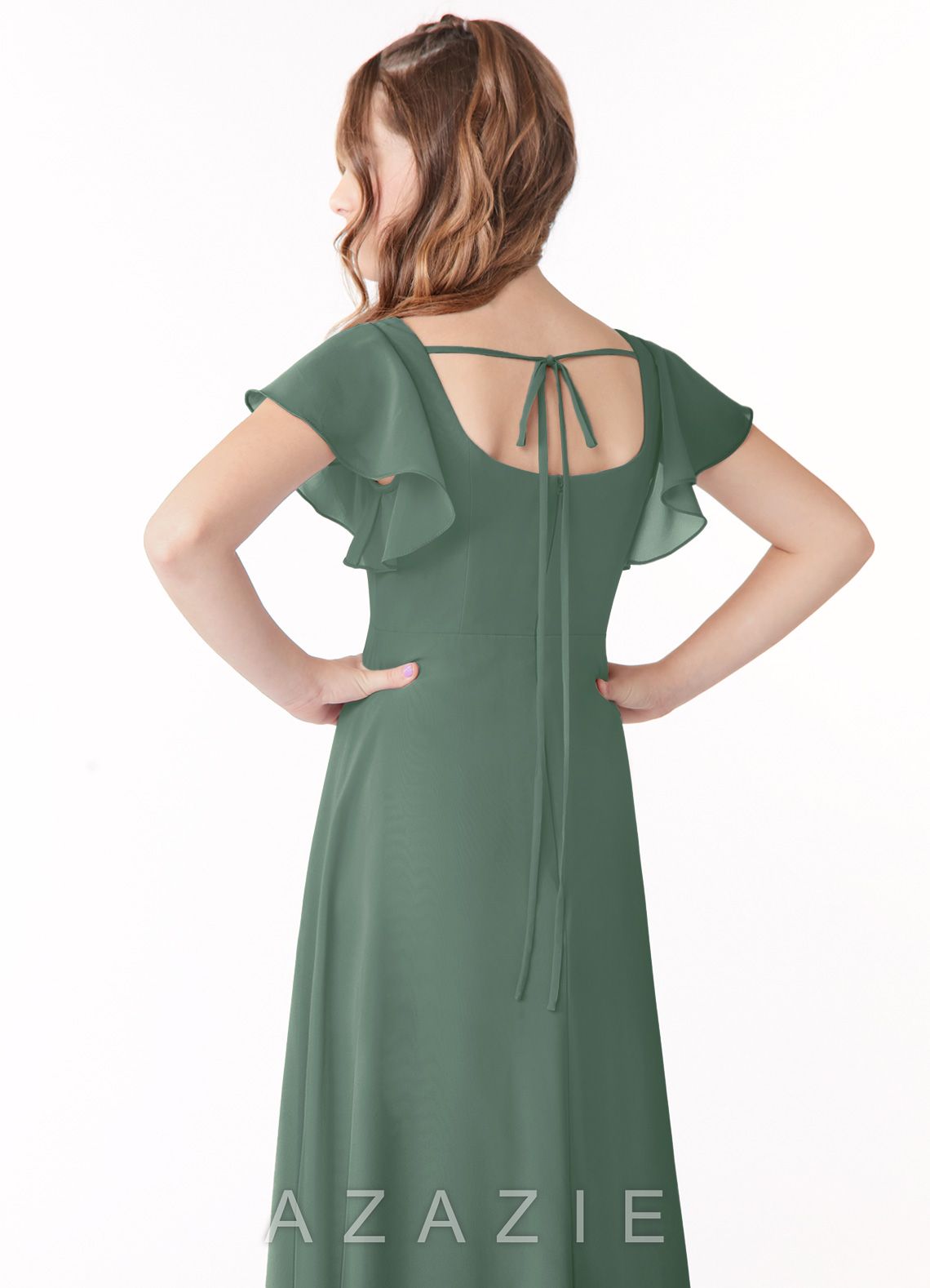 Azazie Bondi Junior Eucalyptus A-Line Bow Chiffon Dress eucalyptus