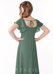 Azazie Bondi Junior Eucalyptus A-Line Bow Chiffon Dress eucalyptus