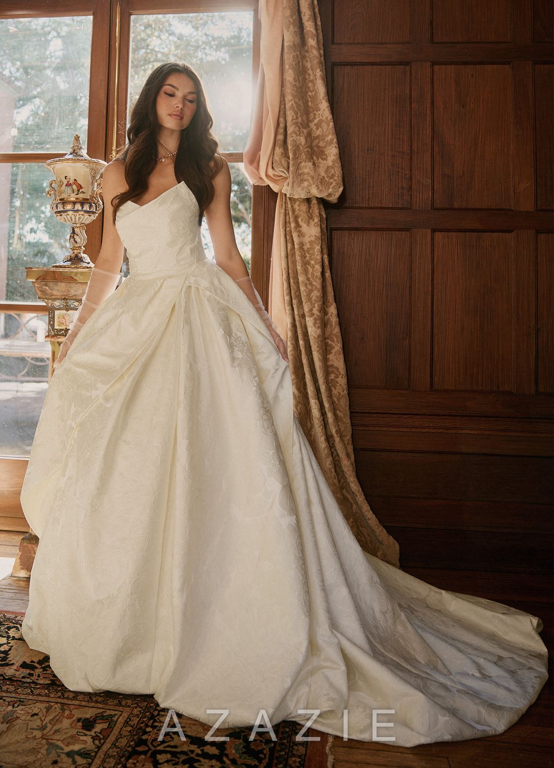 Azazie Allira Antique White Ball-Gown Strapless Floral Jacquard Dress
