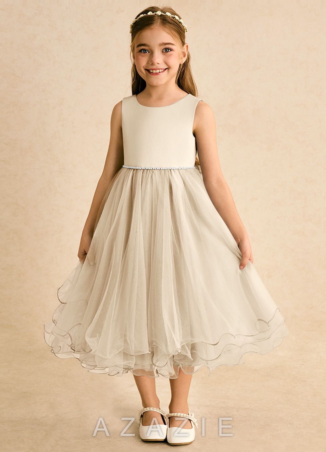 Azazie Lass Champagne A-Line Bow Tulle Dress champagne