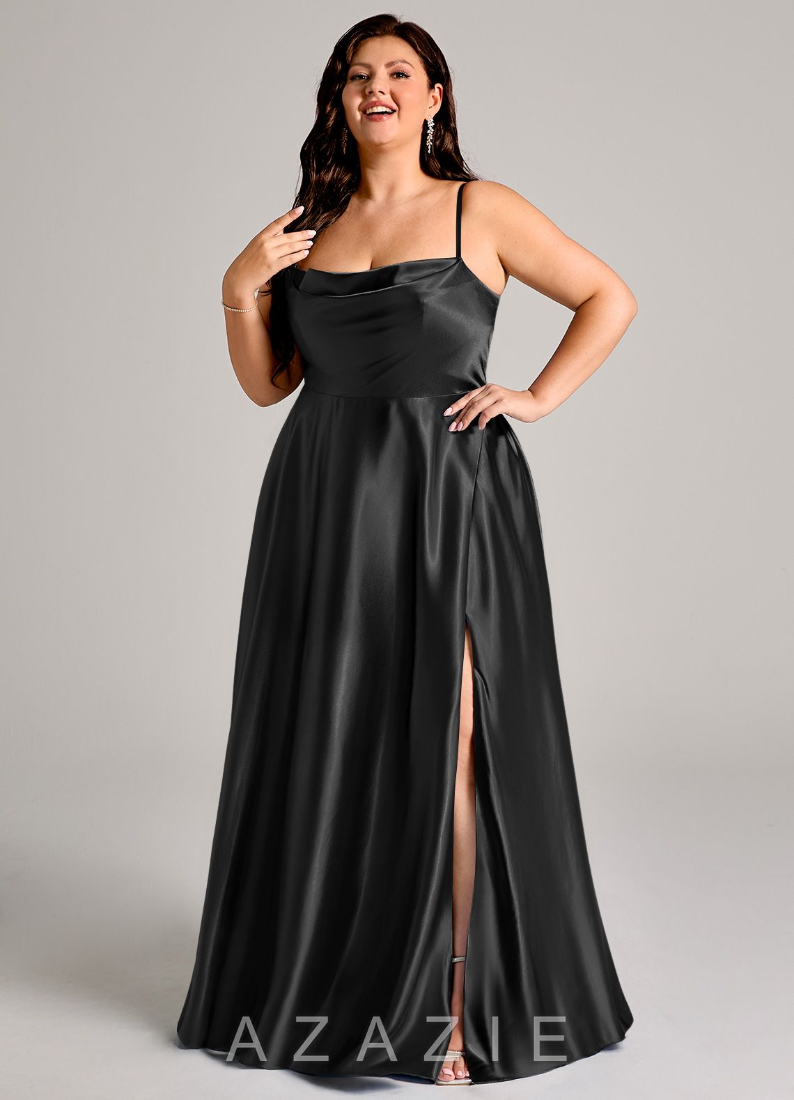 Azazie Elle Black A-Line with Pockets Metallic Satin Dress black