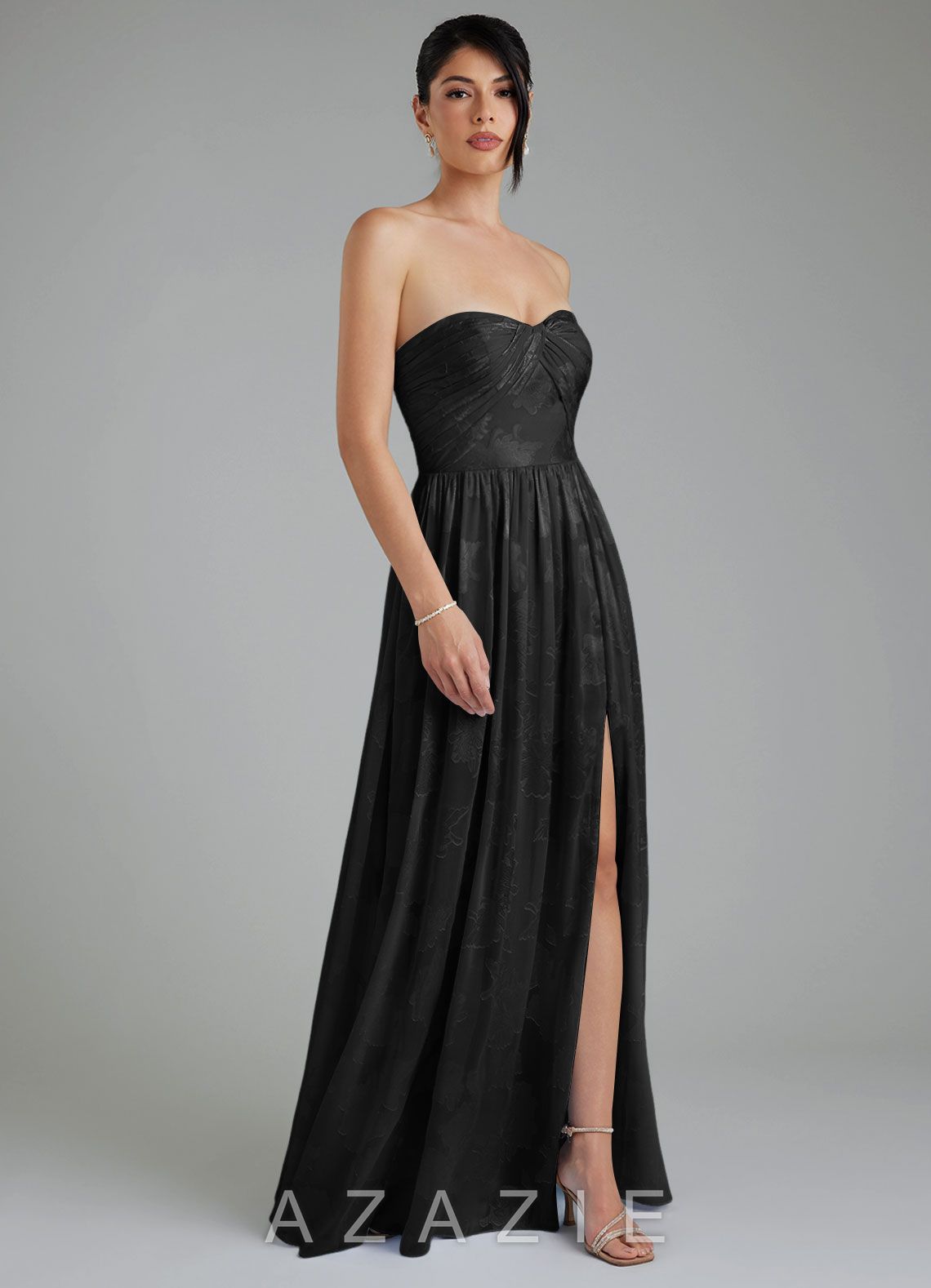 Azazie Helena Black A-Line Strapless Floral Jacquard Burnout Convertible Dress black