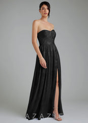 Azazie Helena Black A-Line Strapless Floral Jacquard Burnout Convertible Dress black