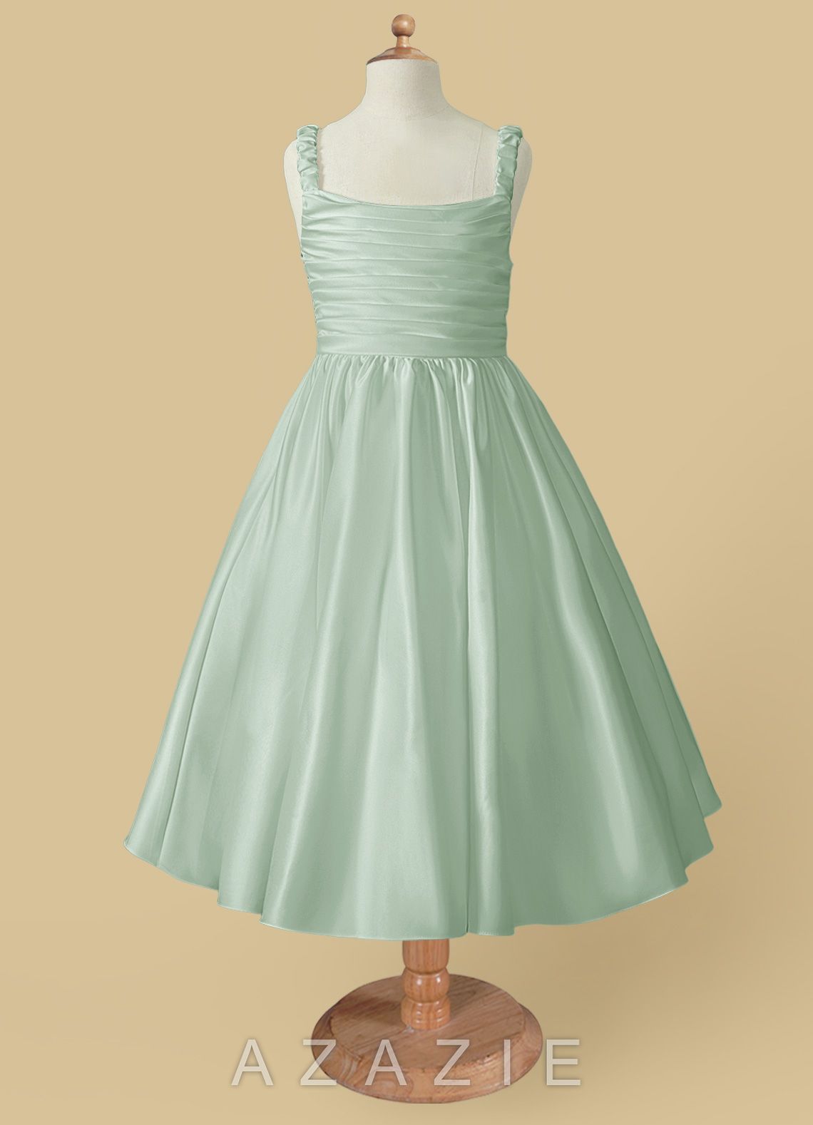Azazie Cutie Pie Agave A-Line Pleated Matte Satin Dress agave