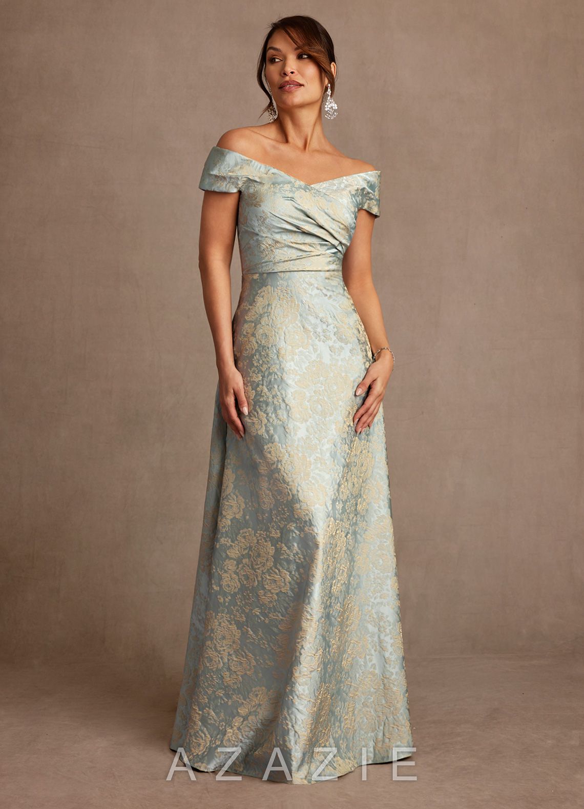 Azazie Beatrix Vintage Blue A-Line Off the Shoulder Floral Jacquard Dress