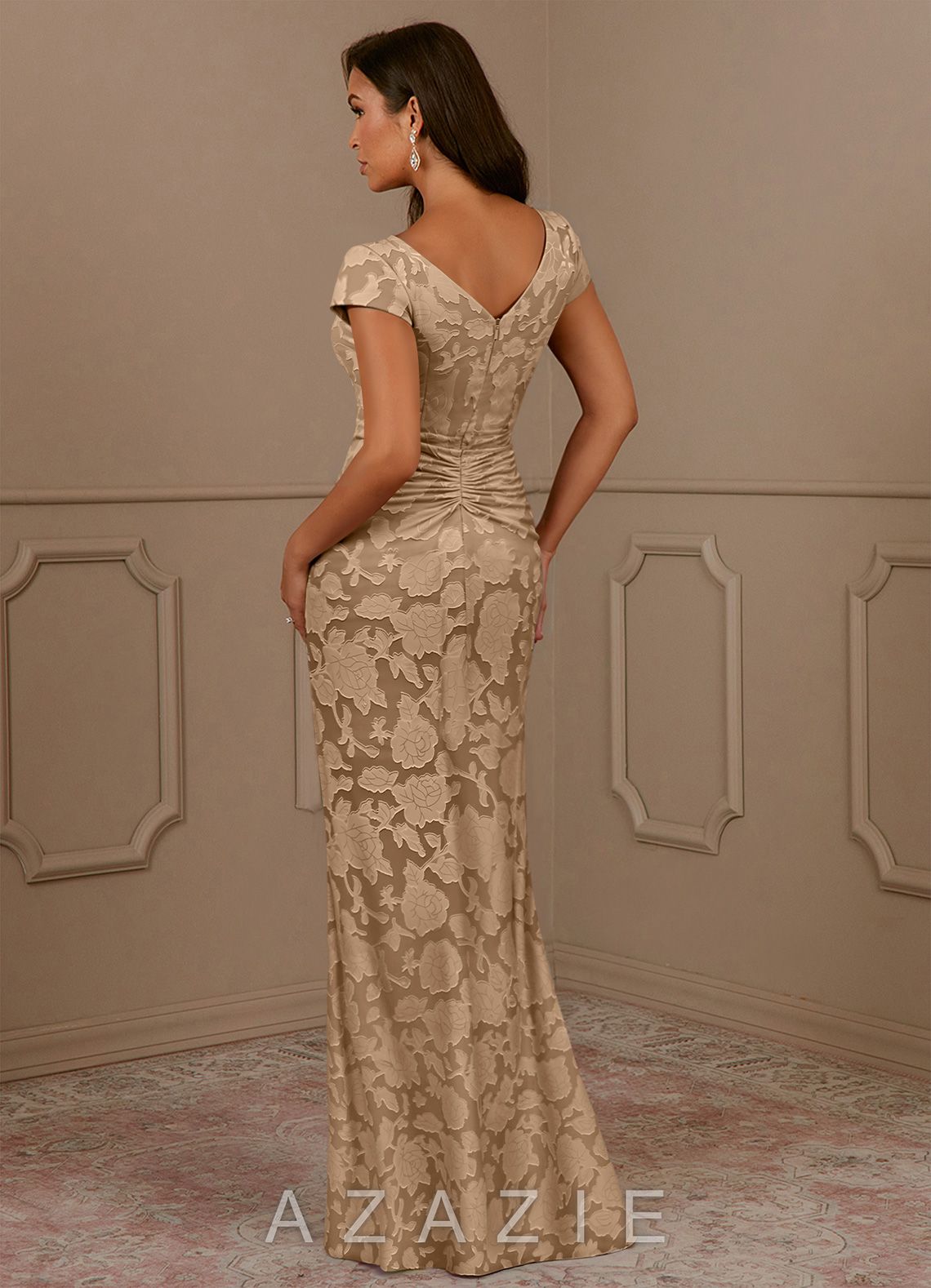 Azazie Roya Champagne Mermaid Ruched Floral Burnout Dress champagne