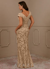 Azazie Roya Champagne Mermaid Ruched Floral Burnout Dress champagne