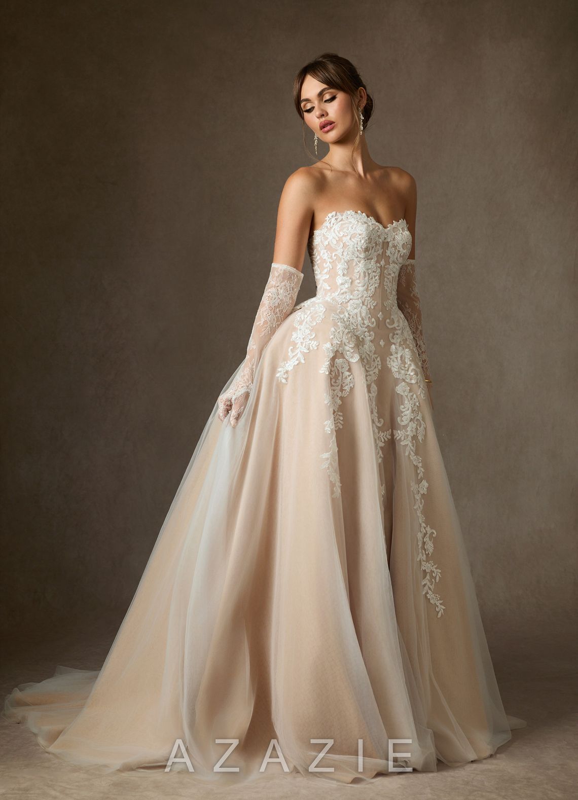 Azazie Sonnet Diamond White Champagne Ball-Gown Strapless Lace Dress