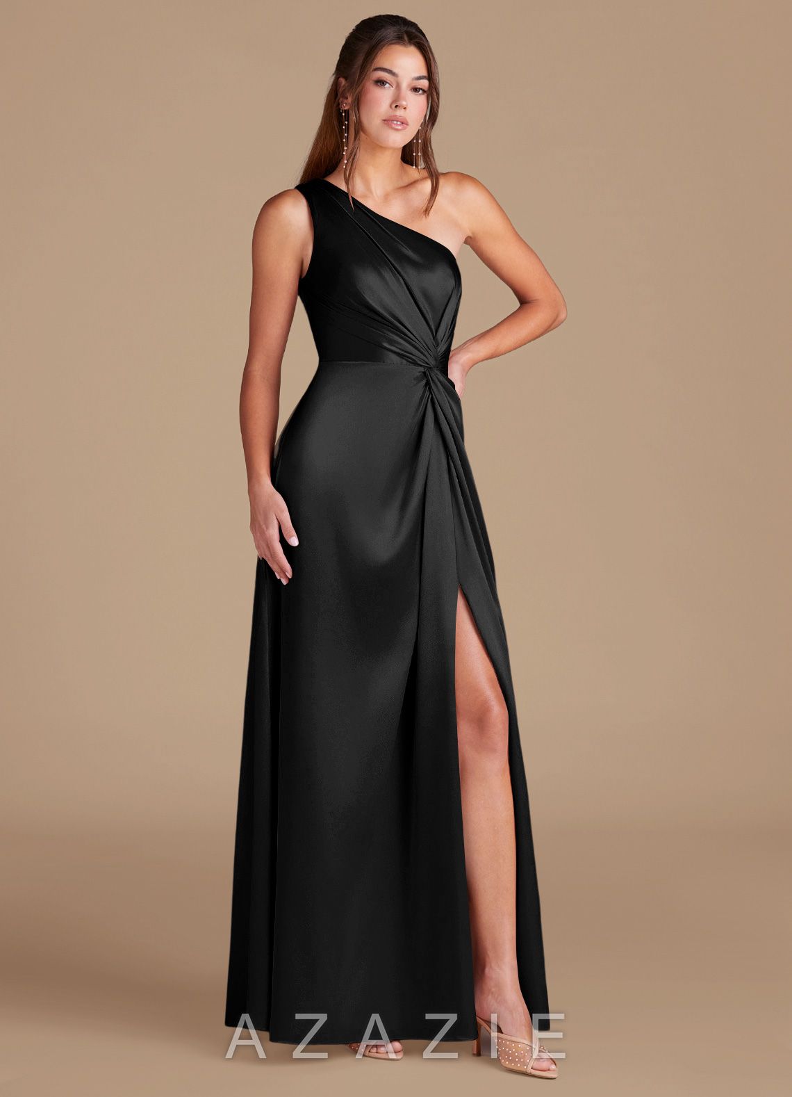 Azazie Brooke Black A-Line One Shoulder Metallic Satin Dress black